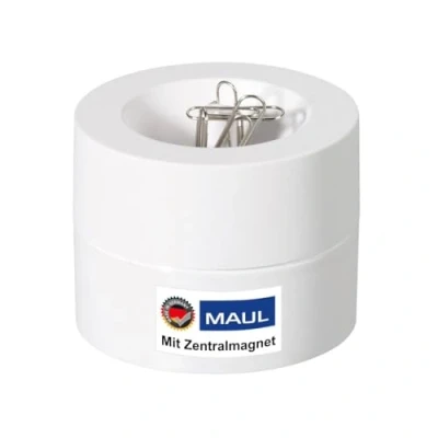 Abbildung von Maul Klammernspender MAULpro Ø7,3x6cm Schreibtisch Organizer für Büroklammern Zubehör mit Magnet Büro Inklusive 15 Klammern Stilvoller Büroklammernspender Weiß
