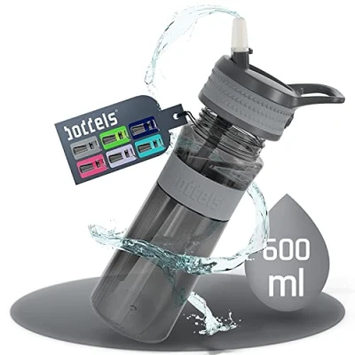 Abbildung von boddels Trinkflasche mit Strohhalm und rutschfestem Griff 600 ml Sport auslaufsicher bruchsicher Wasserflasche Schule, Uni, Fitness, Outdoor BPA frei