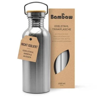 Abbildung von Bambaw Edelstahl trinkflasche 1l, wasserflasche Nicht Isolierte Einwandige, Trinklasche Edelstahl, Auslaufsichere Metall Wasserflasche, Outdoor Trinkflasch,