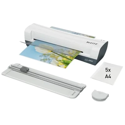 Abbildung von Leitz iLAM Home 4 in 1 A4 Laminiergerät Set, Papierschneider &amp; Eckenabrunder, Heißlaminiergerät inkl. 5 Laminierfolien, 75 125 Mikron, Ideal für Zuhause, Office Schule, Weiß, 74340001