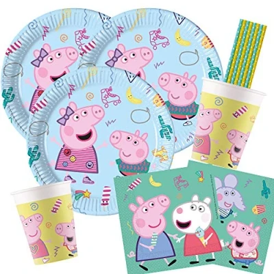 Abbildung von procos/Hobbyfun 44 teiliges Party Set Peppa Wutz Pig Teller Becher Servietten Trinkhalme für 8 Kinder