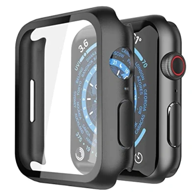 Abbildung von Misxi Hard Hülle mit Glas Displayschutz Kompatibel Apple Watch Series 9 8 7 45mm, Rundum Schutzhülle HD Ultradünne PC Schutz Case für iWatch S9/S8/S7, 2 Stück, Schwarz