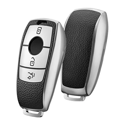 Abbildung von OATSBASF Autoschlüssel Hülle Geeignet für Mercedes Benz,Schlüsselhülle Cover E Klasse 2017 S 2018 TPU Silicone Leather Texture Schutzhülle (P Silber)