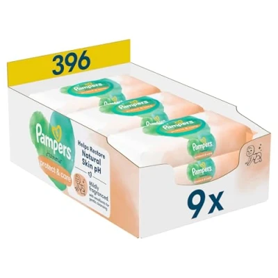 Abbildung von Pampers Harmonie Protect &amp; Care Feuchttücher 9 Packungen mit jeweils 44 Feuchttüchern = 396 Feuchttücher, Helfen, den natürlichen pH Wert der Haut wiederherzustellen, einem Tropfen Calendula