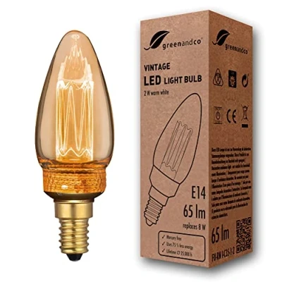 Abbildung von greenandco Vintage Design LED Birne zur Stimmungsbeleuchtung E14 C35 gold 2W 65lm 1800K extra warmweiß 320 230V flimmerfrei nicht dimmbar Edison Glühbirne