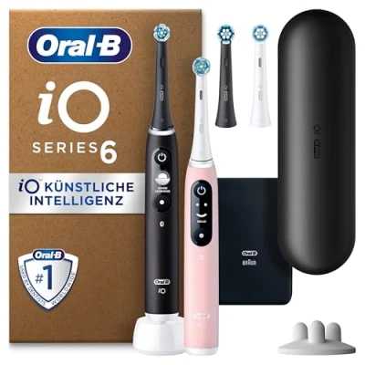 Abbildung von Oral B iO Series 6 PLUS Edition Doppelpack Elektrische Zahnbürste/Electric Toothbrush, 4 Aufsteckbürsten, 5 Putzmodi für Zahnpflege, Reiseetui, Designed by Braun, black lava/pink sand