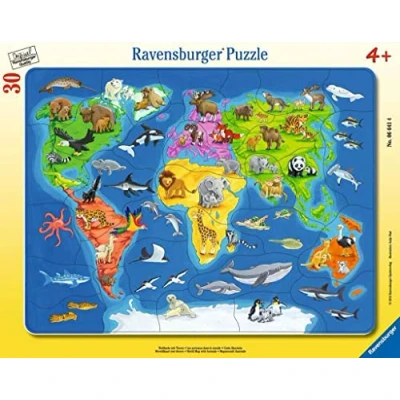 Abbildung von Ravensburger 66414 Kinderpuzzle 06641 Weltkarte mit Tieren Rahmenpuzzle für Kinder ab 4 Jahren, 30 Teilen, Yellow