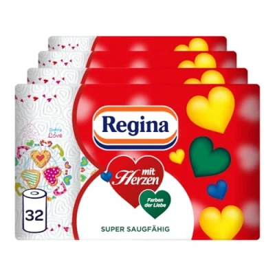 Abbildung von Regina mit Herzen Haushaltstücher 3 lagig, 32 Rollen Packung (8 x 4 Einzelpackungen), 43 Blatt pro Rolle, Super saugfähig, Dick, Beständig, SC® zertifiziertes Papier