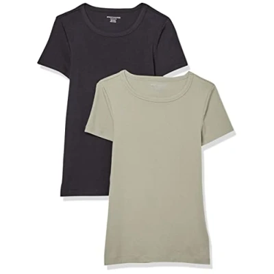 Abbildung von Amazon Essentials Damen Kurzärmeliges T Shirt mit Rundhalsausschnitt, Schmale Passform, 2er Pack, Schwarz/Salbeigrün, M
