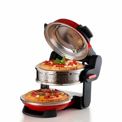Abbildung von Ariete Forno Pizza Doppio 927, Pizzaofen mit 5 Kochstufen, 2 feuerfesten Antihaft Platten, Holzklingen im Lieferumfang, Max. Temperatur: 400C, Thermostate, Durchmesser 32 cm, 2300W, Rot