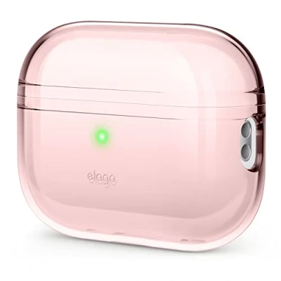 Abbildung von elago Transparente Schutzhülle, kompatibel mit Apple AirPods Pro 2. Generation, stoßfest, Gel Klebestreifen enthalten, kabelloses Laden, reduziert Vergilbung (charmantes Rosa)