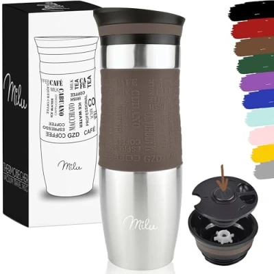 Abbildung von Milu Thermobecher Kaffee to go 370ml, 450ml Isolierbecher Kaffeebecher 100% Auslaufsicher Trinkbecher aus Edelstahl Autobecher doppelwand Isolierung Thermo Becher Travel Mug (Braun, 450ml)