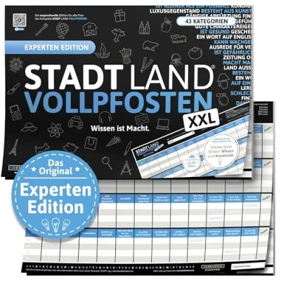 Abbildung von DENKRIESEN Stadt Land VOLLPFOSTEN® Experten Edition Wissen ist Macht A3 Partyspiel Familienspiel Fluss Spielblock Geschenkidee