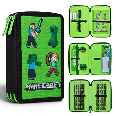 Abbildung von Minecraft Federmäppchen für die Schule mit Fächern gefüllt Schulbedarf Kinder Jungen Goodies Offizielles Zubehör Gamer Grün Mob, One Size