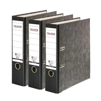Abbildung von Original Falken 3er Pack Recycling Ordner Wolkenmarmor. Made in Germany. 8 cm breit DIN A4 schwarzer Rücken Ringordner Aktenordner Briefordner Büroordner Pappordner CO2 Neutral Blauer Engel