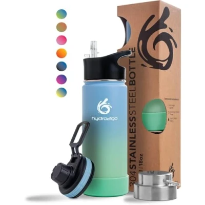 Abbildung von hydro2go ® Trinkflasche aus Edelstahl 0.5/1 Liter für Kinder, Schule, Sport, Fitness &amp; Outdoor Edelstahlflasche BPA frei + 3 Trinkverschlüsse 100% Auslaufsicher