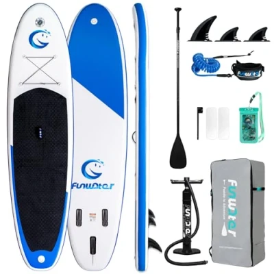 Abbildung von FunWater Aufblasbares Stand Up Paddle Board Surfbrett SUP Komplettes Paddleboard Zubehör Verstellbares Paddel, Pumpe, Reiserucksack, Leine, wasserdichte Tasche, Erwachsene Paddelboard