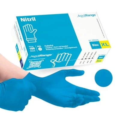 Abbildung von Farla Medical MediRange Nitrilhandschuhe XL Blaue Beständige Einmalhandschuhe Puderfrei Latexfrei und Proteinfrei Medizinisch Lebensmittelecht Mehrzweck Handschuhe Nitril 100er Pack
