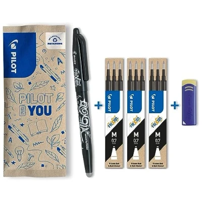 Abbildung von PILOT FriXion Ball 0.7 Set 1 Stift/9 Minen/1 Radierer Farbe Schwarz Radierbare Tintenroller 0,4mm Strichstärke, angenehme Schreibführung beim Schreiben, thermosensitive Tinte, Mine austauschbar