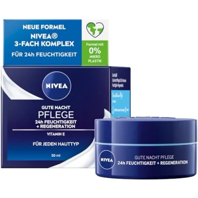 Abbildung von NIVEA Gute Nacht Pflege 24h Feuchtigkeit + Regeneration (50 ml), leichte Nachtpflege für intensive Feuchtigkeit, Nachtcreme mit Vitamin E, Provitamin B5 und Wasserlilienextrakt