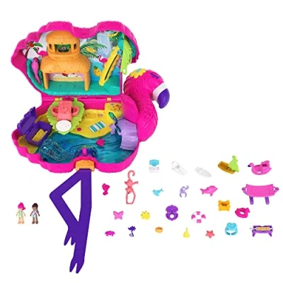 Abbildung von Polly Pocket HGC41 Flamingo Party, Spielset mit 26 Überraschungen (u.a Mikro Margot &amp; Freundespuppen), Palmenrutsche, Schaukel, Bankett, Wasserbereich, und mehr, Spielzeug Geschenk ab 4 Jahren