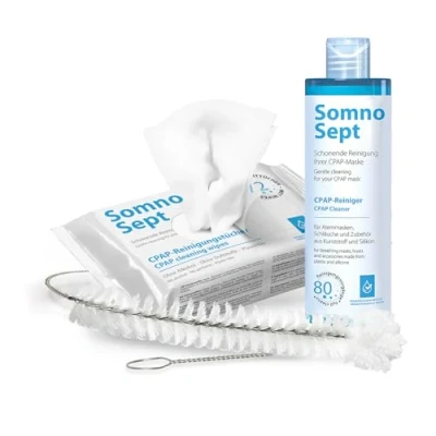 Abbildung von SomnoSept CPAP Reinigungsset (SomnoSept 400ml, Reinigungstücher 72 Stück, oxyhero brush 19 mm) Hochwertiges Rundum sorglos Reinigungspaket