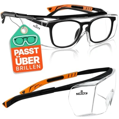 Abbildung von NoCry Sicherheits Überbrille mit Kratzbeständigen Gläsern, Seitenschutz, Verstellbaren Bügeln, 400 UV Schutz, schwarz oranger Rahmen und EN166, EN170, EN172, EN175 Zertifiziert