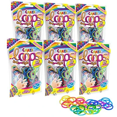 Abbildung von CRAZE LOOPS BAG 100 6er Set Loom Bänder 6x Foilbag &amp; 30 Verschlüsse , Farbmix, 100% hautfreundliches Silikon