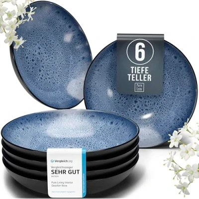 Abbildung von Steingut Suppenteller 6 Pers. Ibiza Hochwertiges Mediterranes TEST SEHR GUT Tiefe Teller Set Kratzfest, Für Spülmaschine, Mikrowelle Pasta Tief Groß Pure Living in Tiefblau