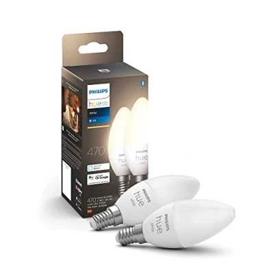Abbildung von Philips Hue White E14 Lampe Doppelpack 2x470lm, dimmbar, warmweißes Licht, steuerbar via App, kompatibel mit Amazon Alexa (Echo, Echo Dot)