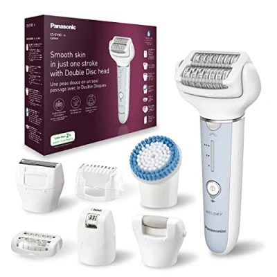 Abbildung von Panasonic ES EY90 A503 Nass/Trockenepilierer, Dual Disc mit 60 Pinzetten, 90 schwenkbarer Kopf, 3 Geschwindigkeiten &amp; LED Licht, 30 Min. Betrieb, kabellos, Haarentferner, Scher und Fußpflegekopf.