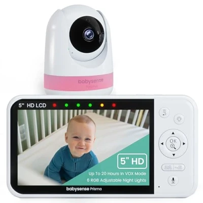 Abbildung von Babysense Prisma Babyphone mit Kamera und Audio, 5&quot; HD Video Babyphone, 6 Farben Nachtlicht, geteilter Bildschirm, Baby Sound Maschine weißem Rauschen &amp; Schlafliedern, sicher ohne WiFi