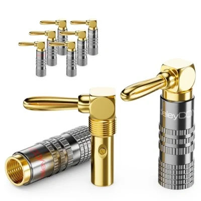Abbildung von deleyCON 8 Stück Bananenstecker Set 90 Gewinkelt Vergoldet Schraubbar für Lautsprecherkabel Boxenkabel 0,75 mm 4,5 &amp; z. B. HiFi Heimkino Receiver