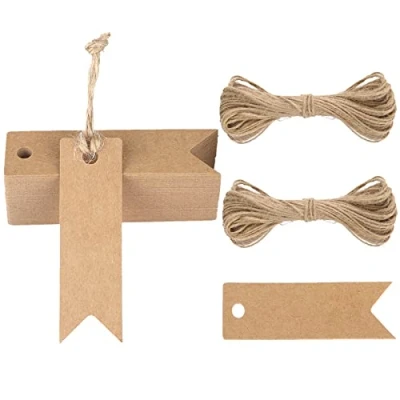 Abbildung von G2PLUS Klein Kraftpapier Etiketten Tags 7x2 CM Geschenkanhänger Mini 100Stk Anhänger mit Jute Schnur (Braun)