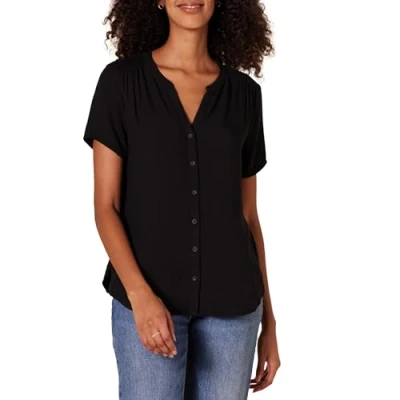 Abbildung von Amazon Essentials Damen Gewebte Kurzarmbluse, Schwarz, L
