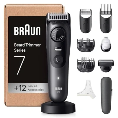 Abbildung von Braun Barttrimmer Serie 7, +12 Zubehörteile, Lebenslang scharfe ProBlade Klinge, Bis zu 120 Min Akkulaufzeit, 40 Längeneinstellungen, Wasserdicht, Präzisionsrad &amp; Feststelltaste, BT7545, Grau