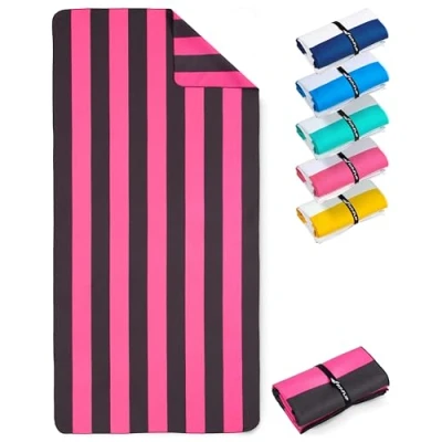 Abbildung von Fit Flip Strandtuch XXL Mikrofaser Badetuch Strandtücher leicht und schnelltrocknend 100% recyceltes Handtuch Strandhandtuch zum Baden (Pink Dunkelgrau gestreift 200x90cm)