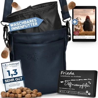 Abbildung von Ostfriesenpfoten® Leckerlibeutel &#039;Frieda&#039; für Hunde aus hochwertigem Kunstleder Dunkelblau Größe M Futterbeutel mit EasyOpen Einhandmagnetverschluss Gassitasche Leckerli