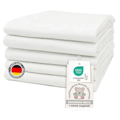 Abbildung von ZOLLNER 5er Set Moltontücher in 80x80 cm aus Baumwolle saugstarke Wickelunterlage weich und wärmend waschbar bis 95C weiß Oeko Tex® Zertifiziert