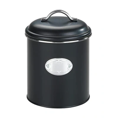 Abbildung von WENKO Aufbewahrungsdose Mod. Nero, 1,6 Liter, Frischhaltedose zur luftdichten Aufbewahrung von Lebensmitteln, wasserdicht, aus lackiertem Metall mit Applikation, Retro Design, Ø 13 x 18 cm, Schwarz