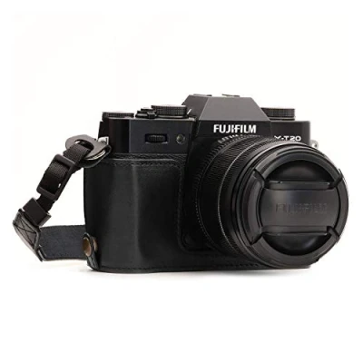 Abbildung von MegaGear MG957 Ever Ready Leder Kamera Halbtasche mit Trageriemen kompatibel Fujifilm X T30, T20, T10 Schwarz