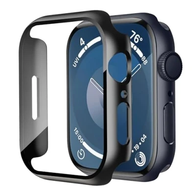 Abbildung von Uluck 2 Stück Hard Hülle mit Glas Displayschutz Kompatibel Apple Watch Series 9/8/7 45mm, Rundum Schutzhülle Ultradünnes Schutz Case, Schwarz