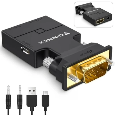 Abbildung von FOINNEX VGA auf HDMI Adapter mit Audio, zu Konverter Alter PC TV Monitor, 1080p Stecker to Buchse Converter für Ältere Laptop