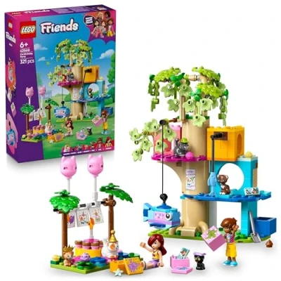 Abbildung von LEGO Friends Katzengeburtstagsparty &amp; Baumhaus Spielzeug mit drehbarem Tisch, Piñata lustigem Zubehör, Plus 2 Mini Puppen 5 Tierfiguren inkl. Churro Set für Mädchen ab 6 Jahren 42666