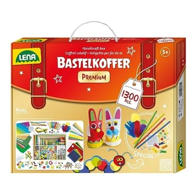 Abbildung von Lena 42663 Premium XXL Bastelkoffer mit 1300 Teile, Material zum Basteln, Moosgummi, Buntpapier, Perlen, Blumen, Pompon, Bänder, Knöpfe, Kulleraugen und vielem mehr, für Kinder ab 5 Jahre, Mittel