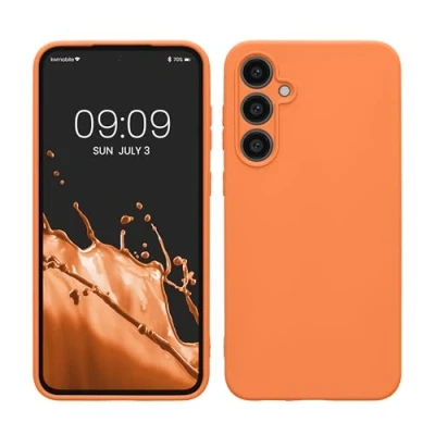 Abbildung von kwmobile Hülle kompatibel mit Samsung Galaxy S23 FE weiches TPU Silikon Case Cover geeignet für kabelloses Laden Fruity Orange