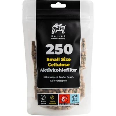 Abbildung von KAiLAR 250 Ungebleicht Cellulose Aktivkohlefilter Slim (6 mm) mit veganer Aktivkohle aus Kokosnussschalen Für ein sanftes Raucherlebnis ohne zu verstopfen (Kälteresistenz)