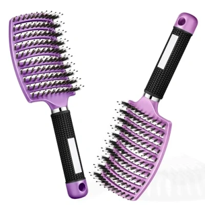 Abbildung von Haarbürste Haarstyling Bürste für Lange Feine Dicke Lockige Haare ohne Ziepen, Profi Entwirrungsbürste Griff, Wildschweinborsten detangler kinder entwirrburste damen herren entwirren (Rosa+Violett)