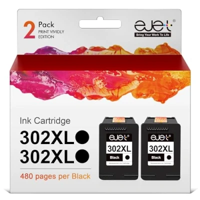 Abbildung von ejet 302XL 302 XL Wiederaufbereitet Tintenpatrone Kompatibel für HP Druckerpatronen Envy 4525 4527 4520 Officejet 3831 3830 5230 5220 DeskJet 3630 2130 3636 Drucker (Schwarz, 2er Pack)