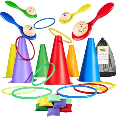 Abbildung von Outdoor Spiele für Kinder, Set Geburtstag, Party, Kermesse, Sport, Tag, Eier, Laufen, in Tasche, Reifen und Kegel, Animation, Outdoor, Garten (4 1 Set)